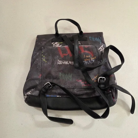 DKNY Graffiti Print Backpack Black Faux Leather NYC Streetwear Foldover Bag - Picture 4 of 10